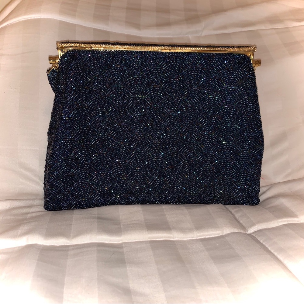 1950’s FORMAL PURSE DARK BLUE BEADED EVENING BAG - Picture 3 of 8